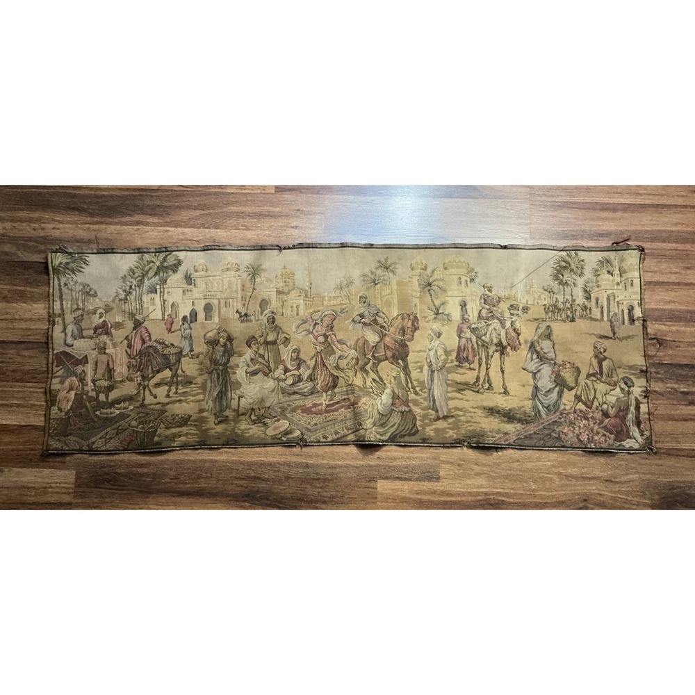 Vtg Belgian Tapestry Wall Hanging MIDDLE EASTERN MARKET MEDIEVAL Scene 55" X 19"